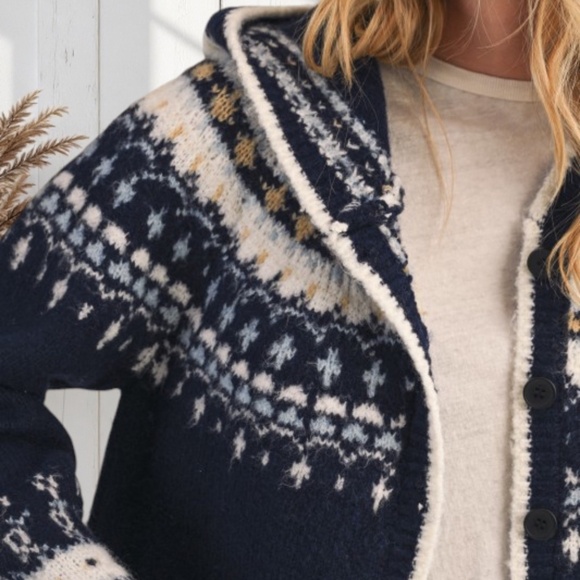 Navy Nordic Soft Button Down Knit Hooded Winter Cardigan Sweater Jacket - Picture 2 of 5